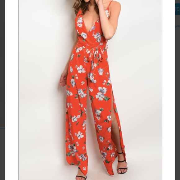 Pants - 🆑: LAST 2 Red-Orange and White Floral Jumpsuit